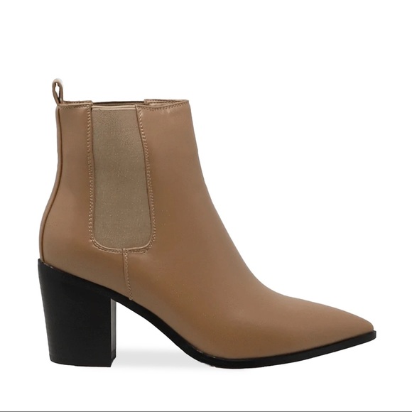 Women’s Pointed Toe Chelsea Ankle High Heel Block Boot in Beige Faux Leather - Picture 2 of 11